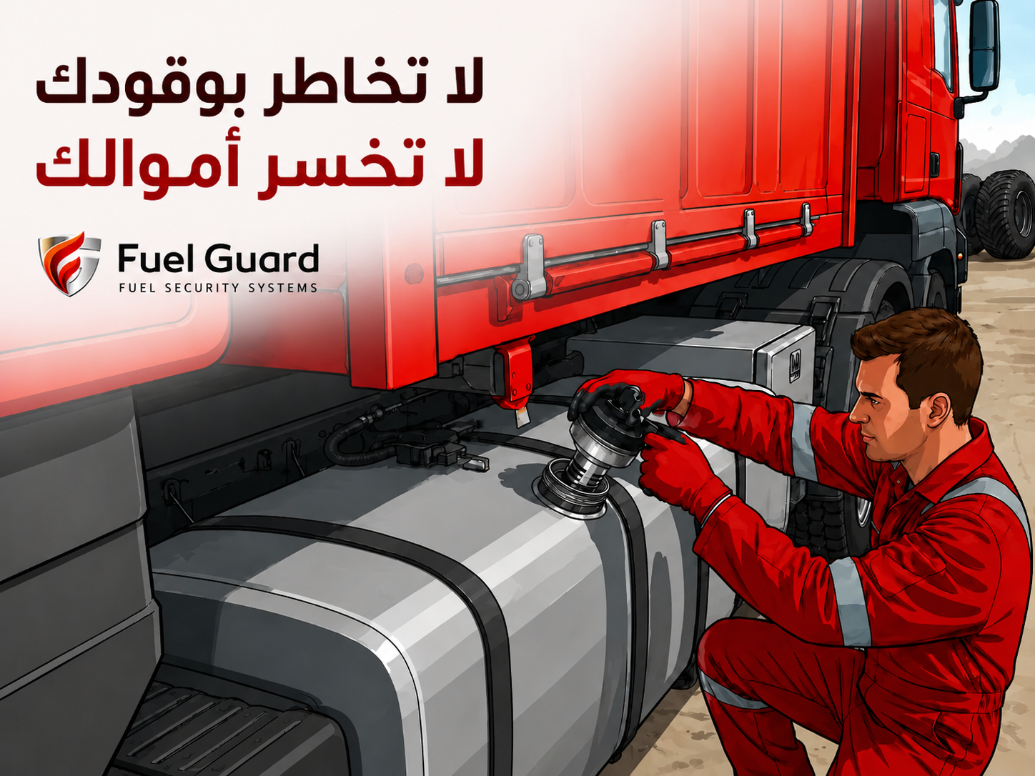 يتم تطبيق نظام Fuel Guard بشكل احترافي على خزانات ديزل الشاحنات